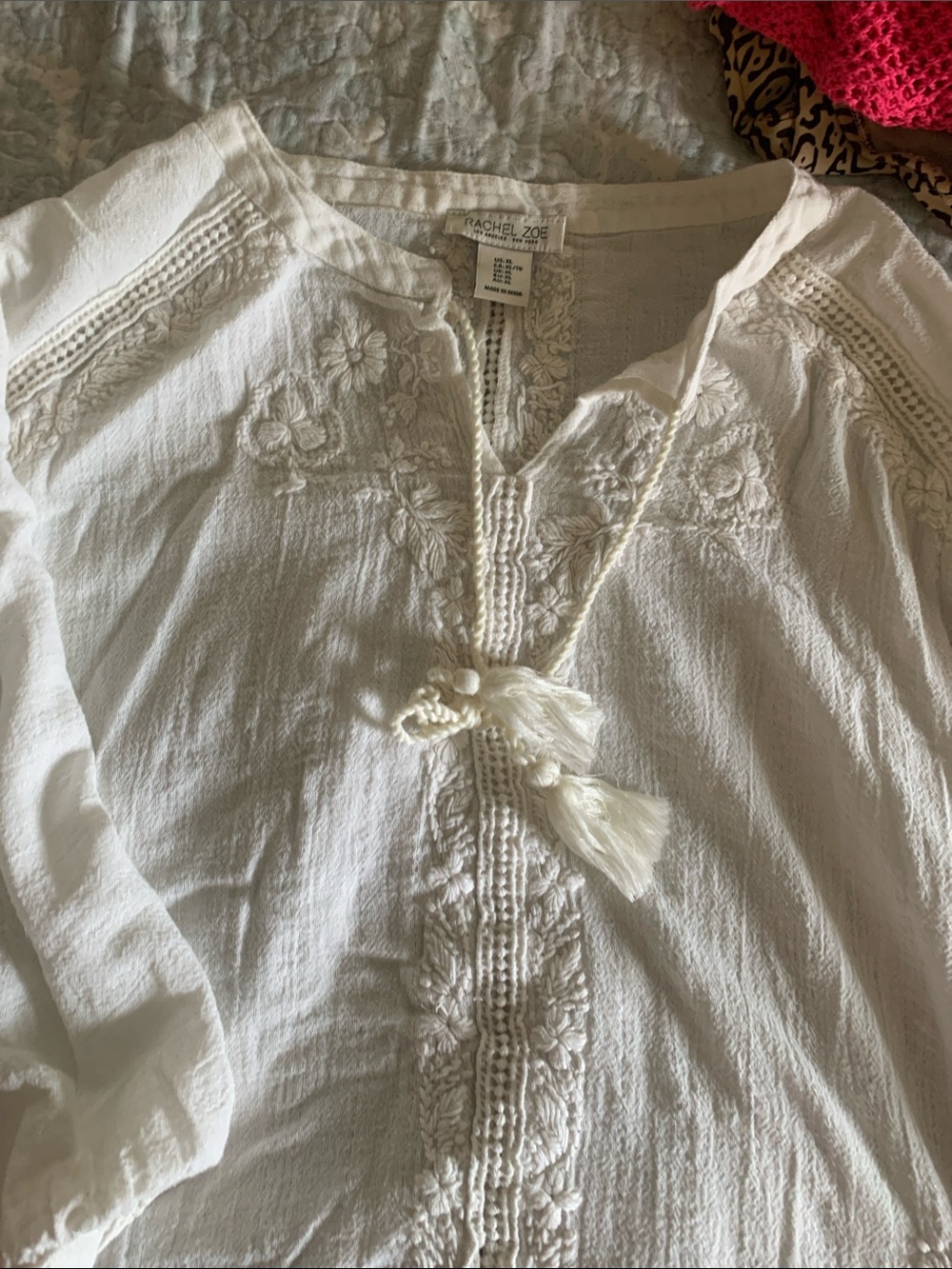 Rachel Zoe 3/4 sleeve White Embroidered Cotton Tunic with Tassel Neck